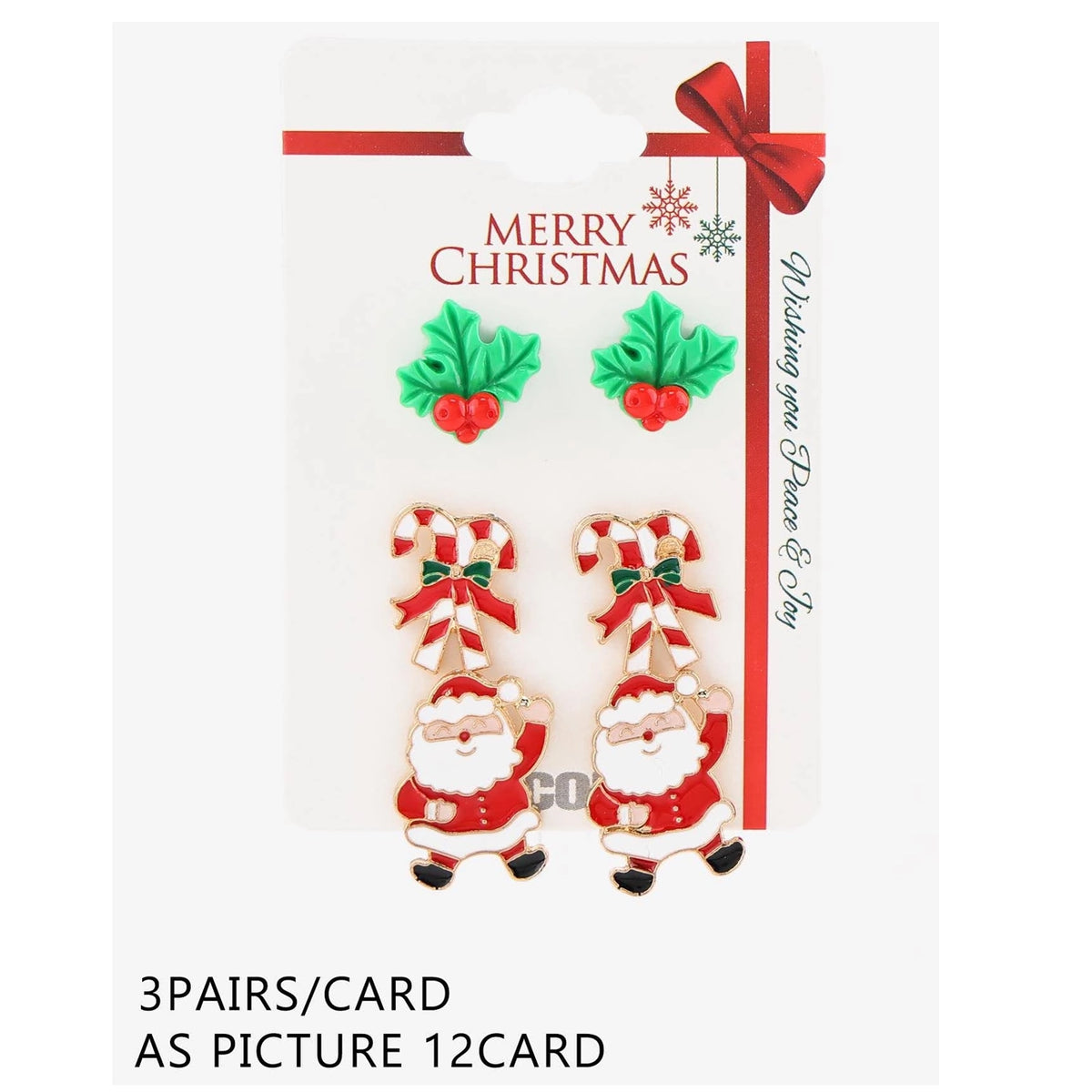 Christmas Enamel Earring Set – Holly Berry Studs, Candy Cane & Dancing Santa Claus Drop Earrings 36-Pair (CR4797)