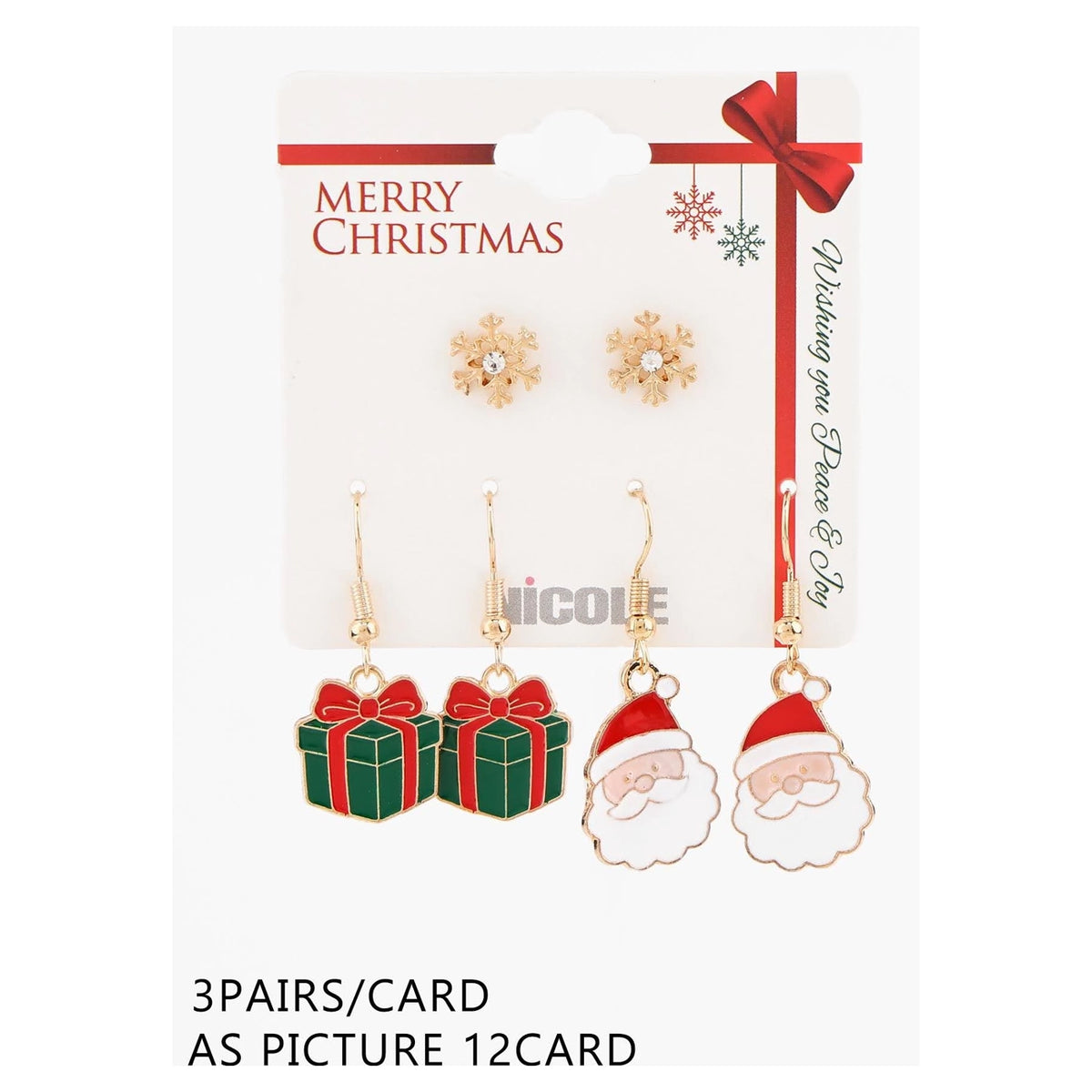 Christmas Enamel Earring Set – Rhinestone Snowflake Studs, Gift Box & Santa Claus Drop Earrings 36-Pair (CR4798)
