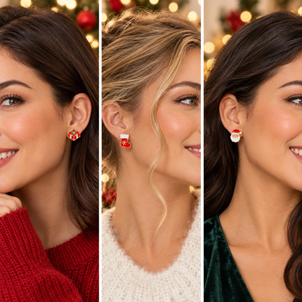 Christmas Enamel Earring Set – Gift Box, Christmas Stocking & Santa Claus Stud Earrings 36-Pair Wholesale Pack (CR4802)