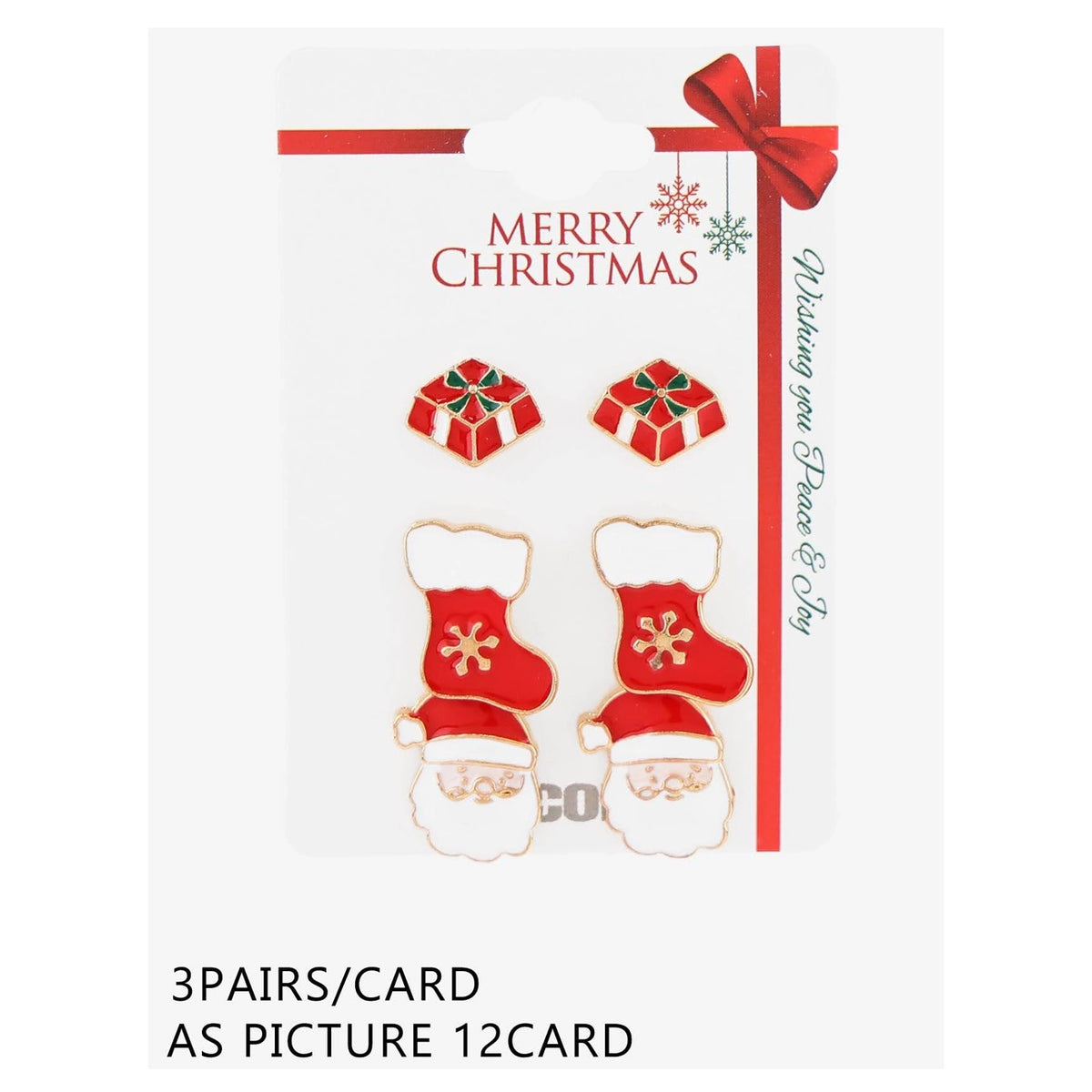 Christmas Enamel Earring Set – Gift Box, Christmas Stocking & Santa Claus Stud Earrings 36-Pair Wholesale Pack (CR4802)