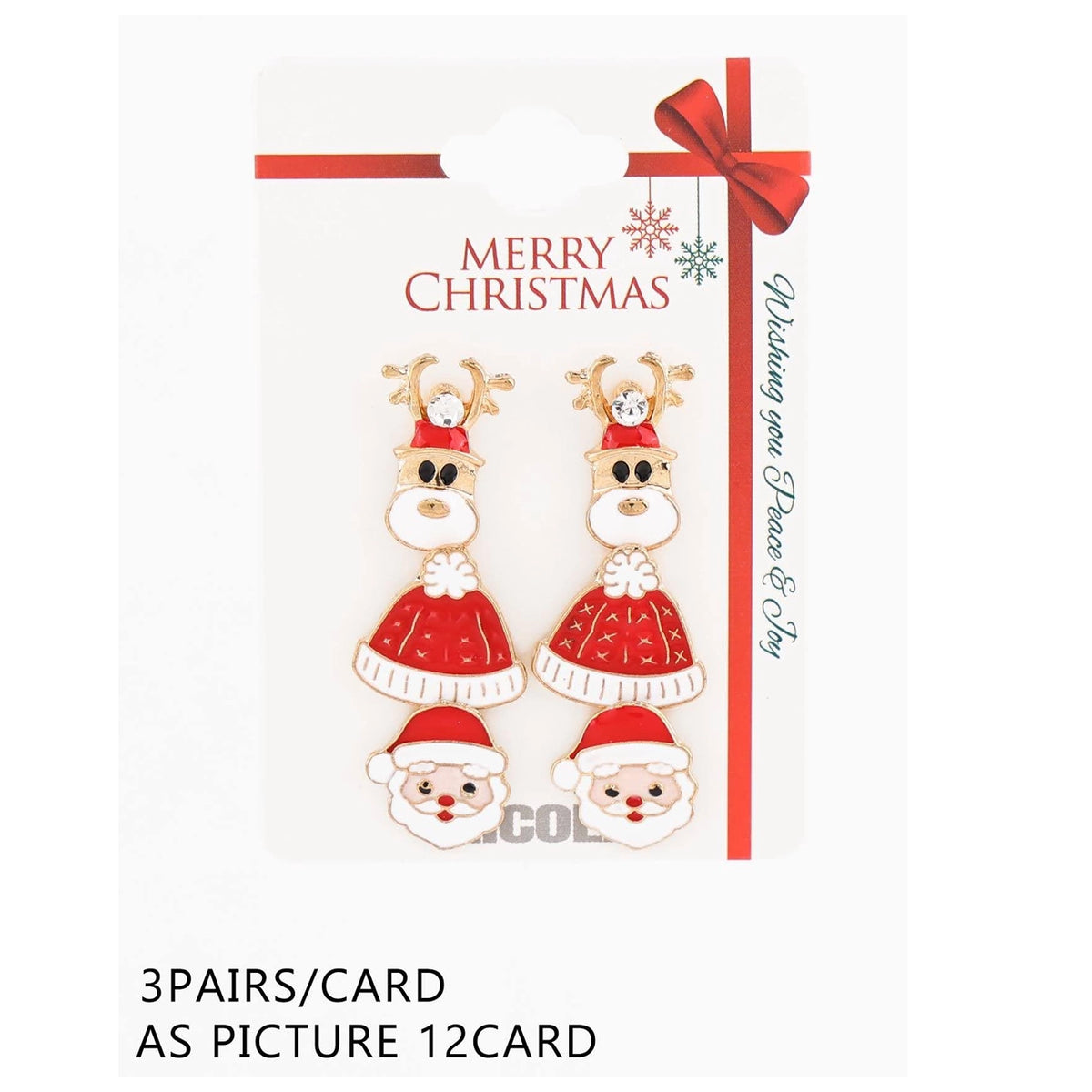 Christmas Enamel Earring Set – Reindeer, Santa Hat & Santa Claus Stud Earrings 36-Pair Wholesale Pack (CR4803)