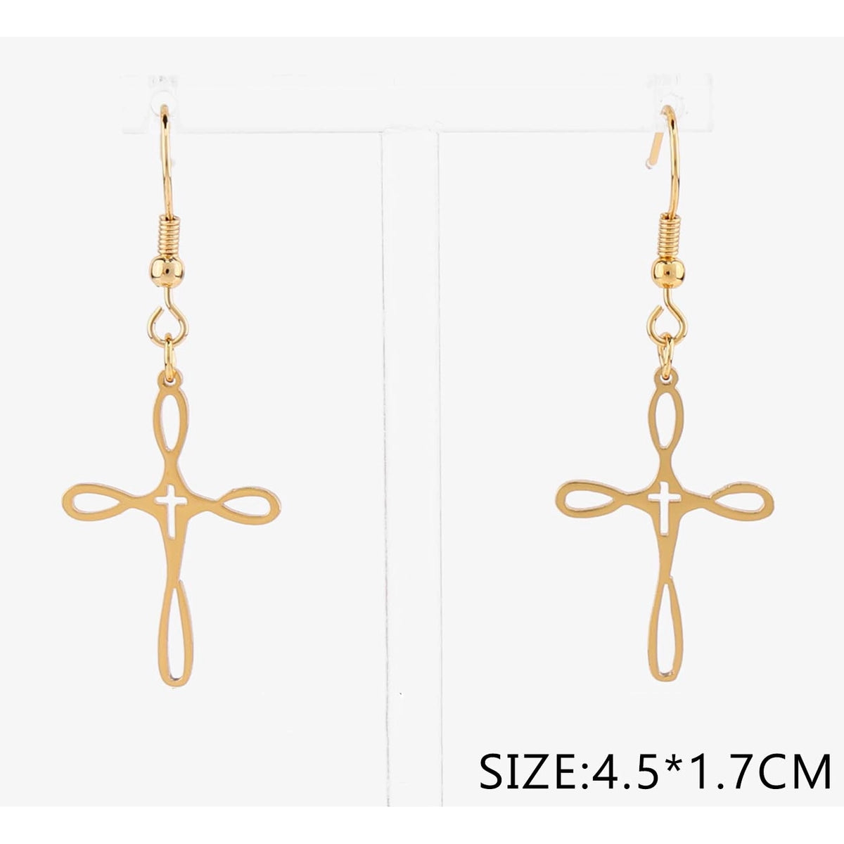 Stainless Steel Openwork Loop Cross Dangle Earrings – 4.5x1.7cm Religious Fish Hook Earring Set (CR4861)