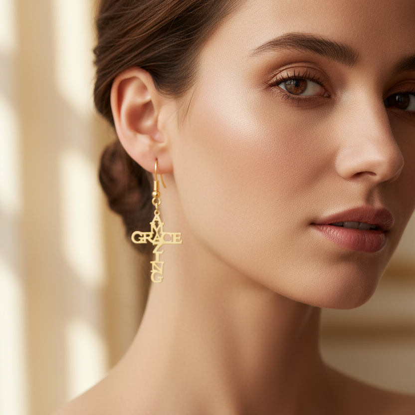 Stainless Steel "Amazing Grace" Cross Dangle Earrings – 4.5x1.7cm Religious Fish Hook Earring Set (CR4862)