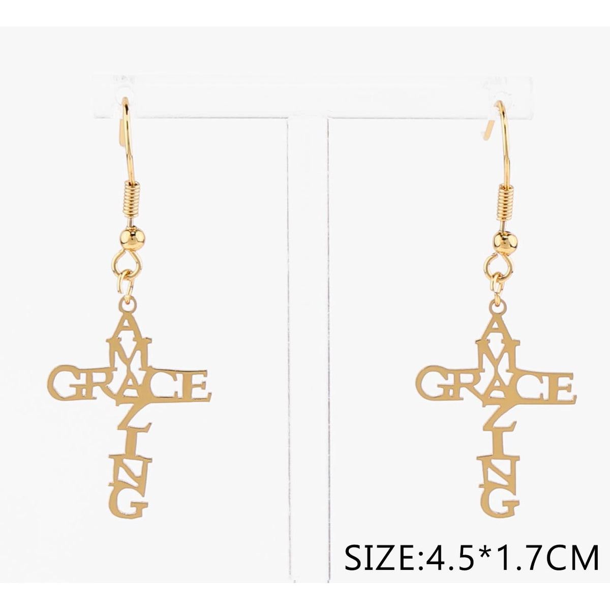 Stainless Steel "Amazing Grace" Cross Dangle Earrings – 4.5x1.7cm Religious Fish Hook Earring Set (CR4862)