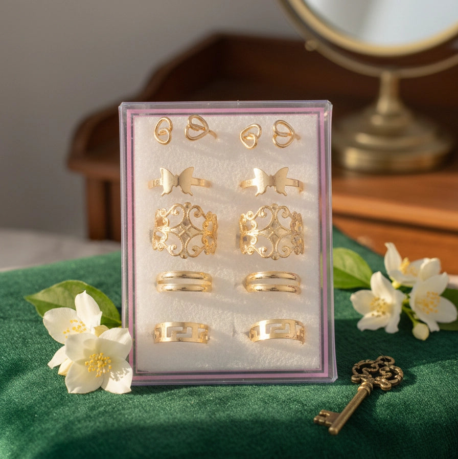 Golden Chic Ring & Stud Set: 10-Piece Fashion Jewelry Collection