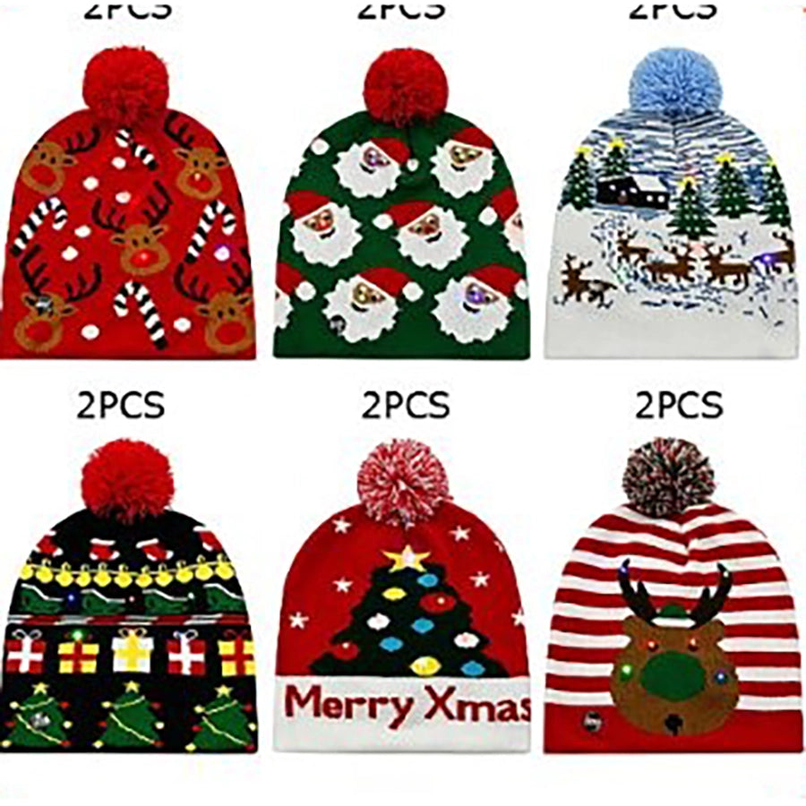 LED Light-Up Christmas Holiday Ugly Sweater Knit Beanie Hat – Multi-Pattern 12-Piece Wholesale (CW-70001)