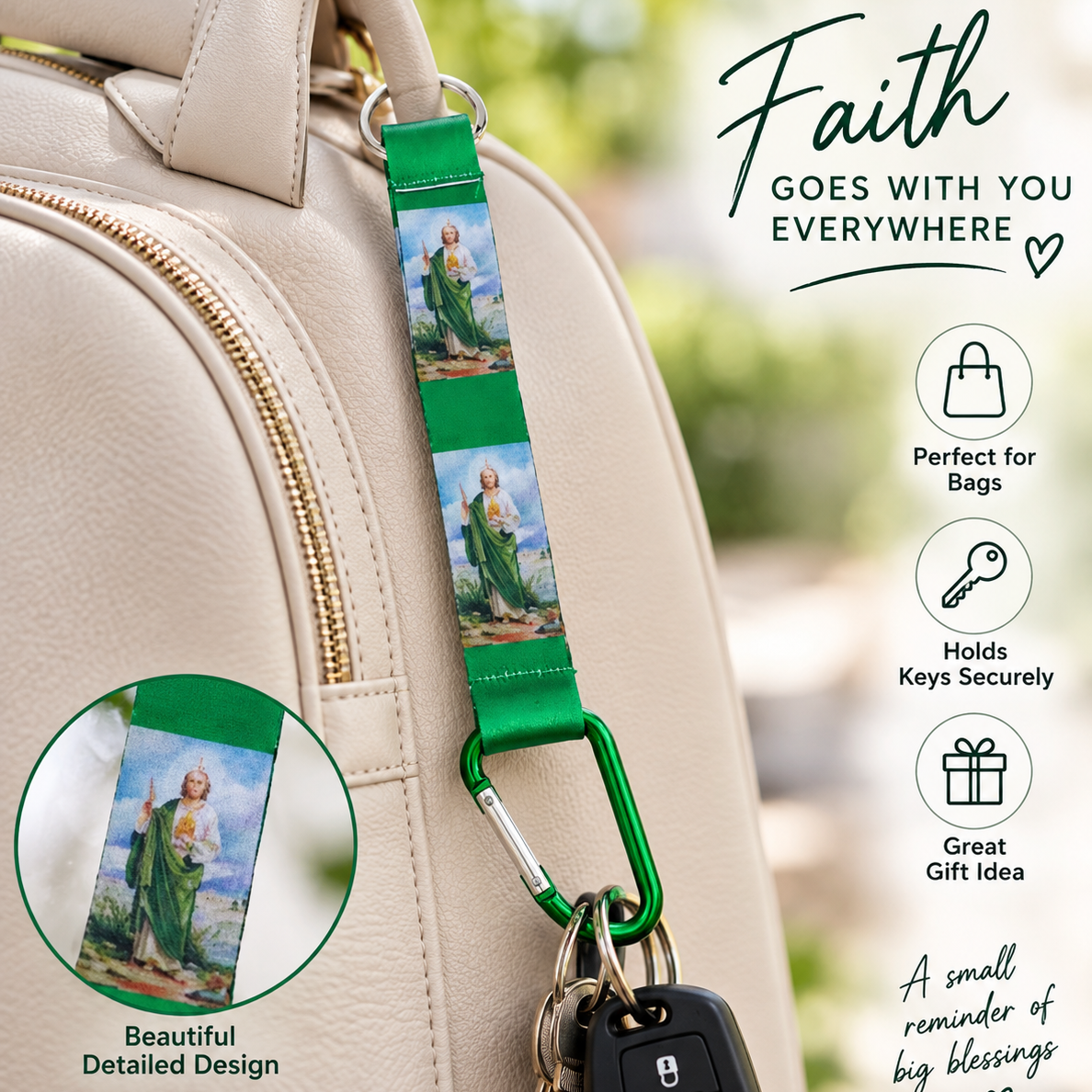 12-Pack San Judas Tadeo Green Fabric Keychains - 23cm St. Jude Thaddeus Ribbon Keychain with Metal Ring & Carabiner Clip (Bulk Pack) (N11G)