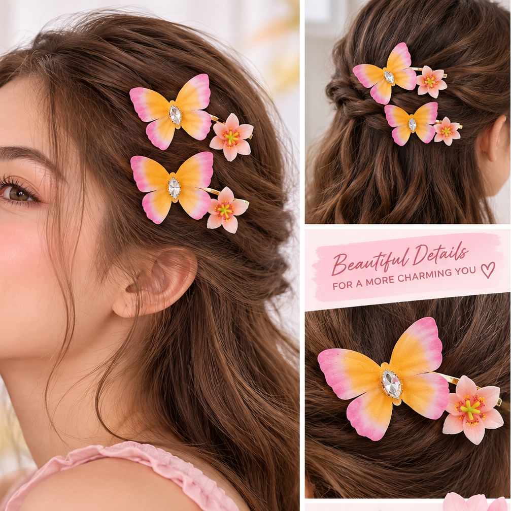 Rhinestone Butterfly & Flower Hair Clips – Colorful Floral Barrettes for Girls & Women, 3PCS/Card (HP-29307S)