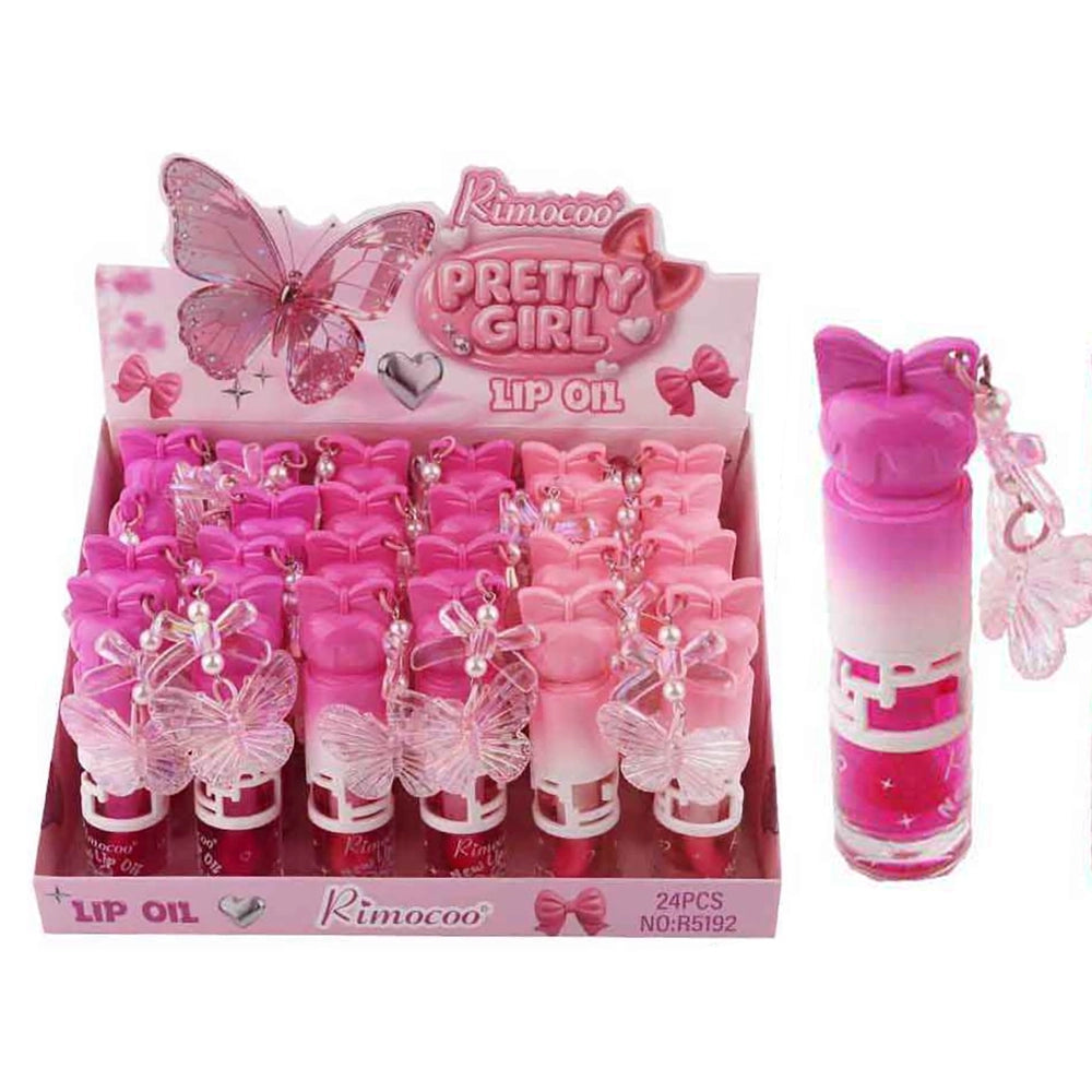 Rimocoo Pretty Girl Lip Oil with Butterfly Charm – Hydrating Lip Gloss Oil, 24PCS Display Box (DNV-3879)