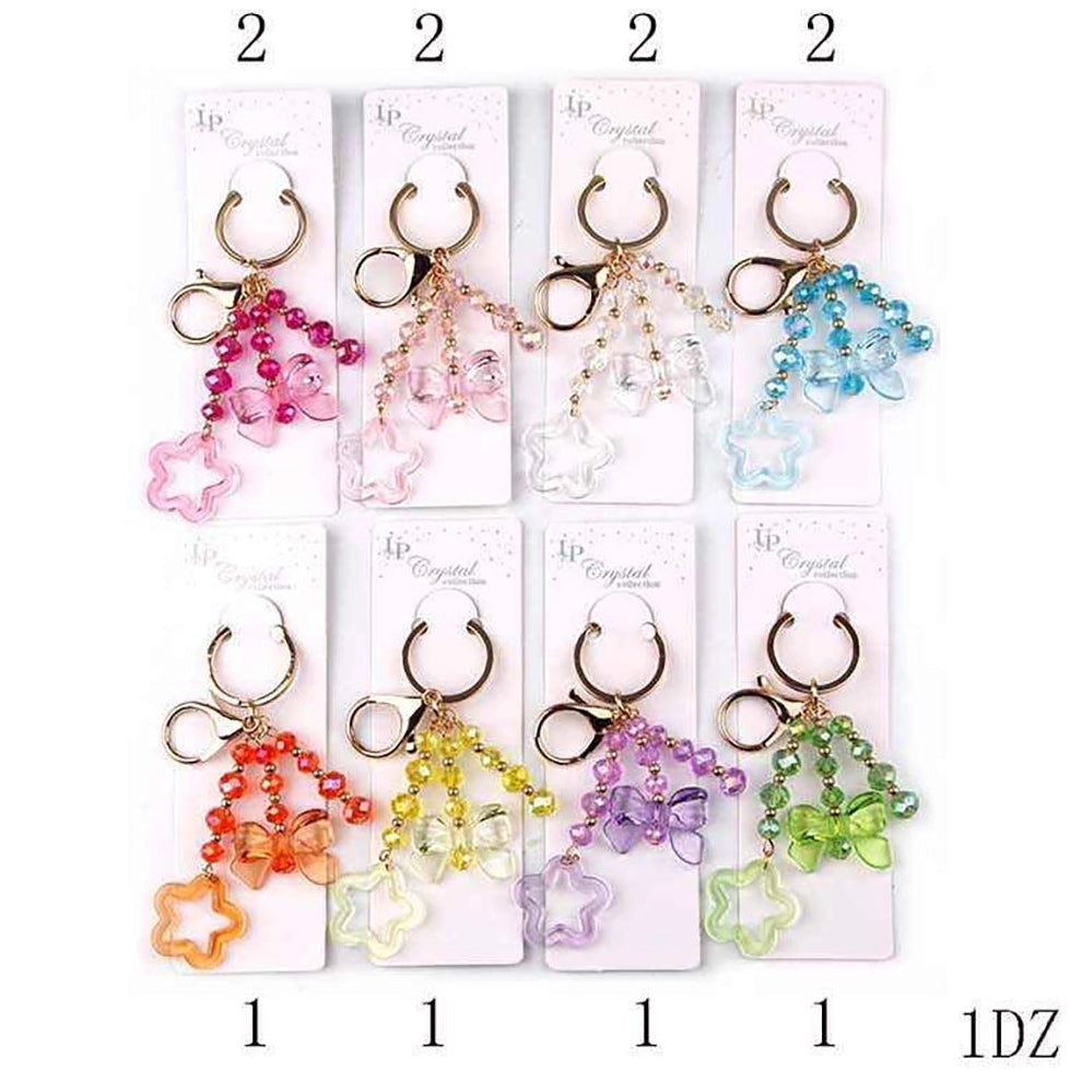 Beaded Butterfly Bow Keychain – Colorful Crystal Bead Charm with Star Pendant, 12PCS (YNV-1762)