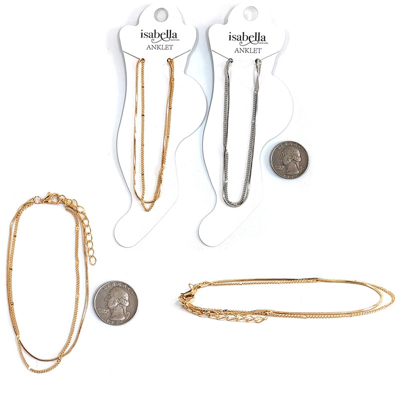 Double Layer Anklet – Dainty Snake & Beaded Chain Ankle Bracelet – Adjustable Gold & Silver Tone Foot Jewelry
