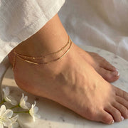 Double Layer Anklet – Dainty Snake & Beaded Chain Ankle Bracelet – Adjustable Gold & Silver Tone Foot Jewelry