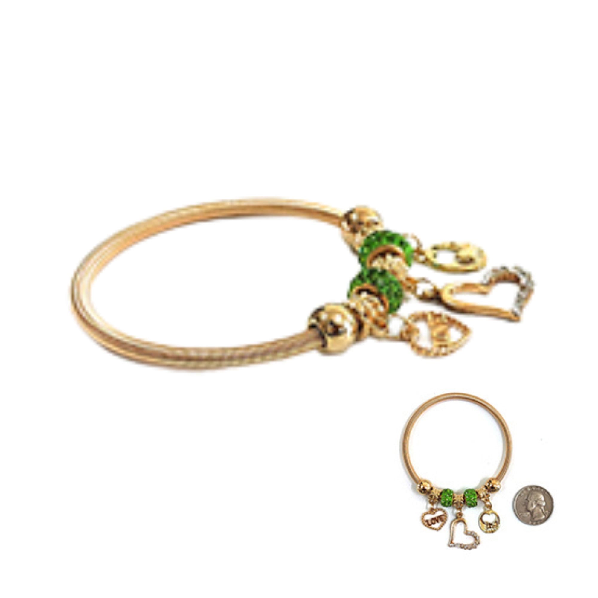 Heart Charm Bangle with Green Crystal Accents