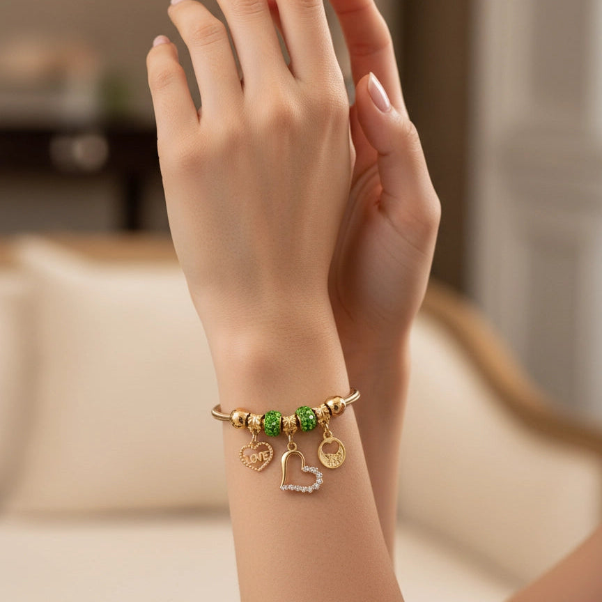 Heart Charm Bangle with Green Crystal Accents