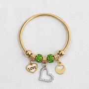Heart Charm Bangle with Green Crystal Accents