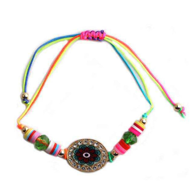 Evil Eye Mandala Charm Protection Bracelet Set (12-Pack) - Adjustable & Rainbow