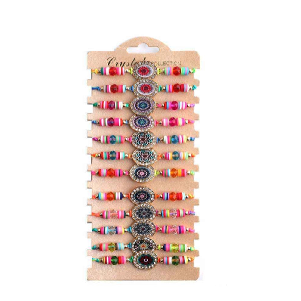 Evil Eye Mandala Charm Protection Bracelet Set (12-Pack) - Adjustable & Rainbow