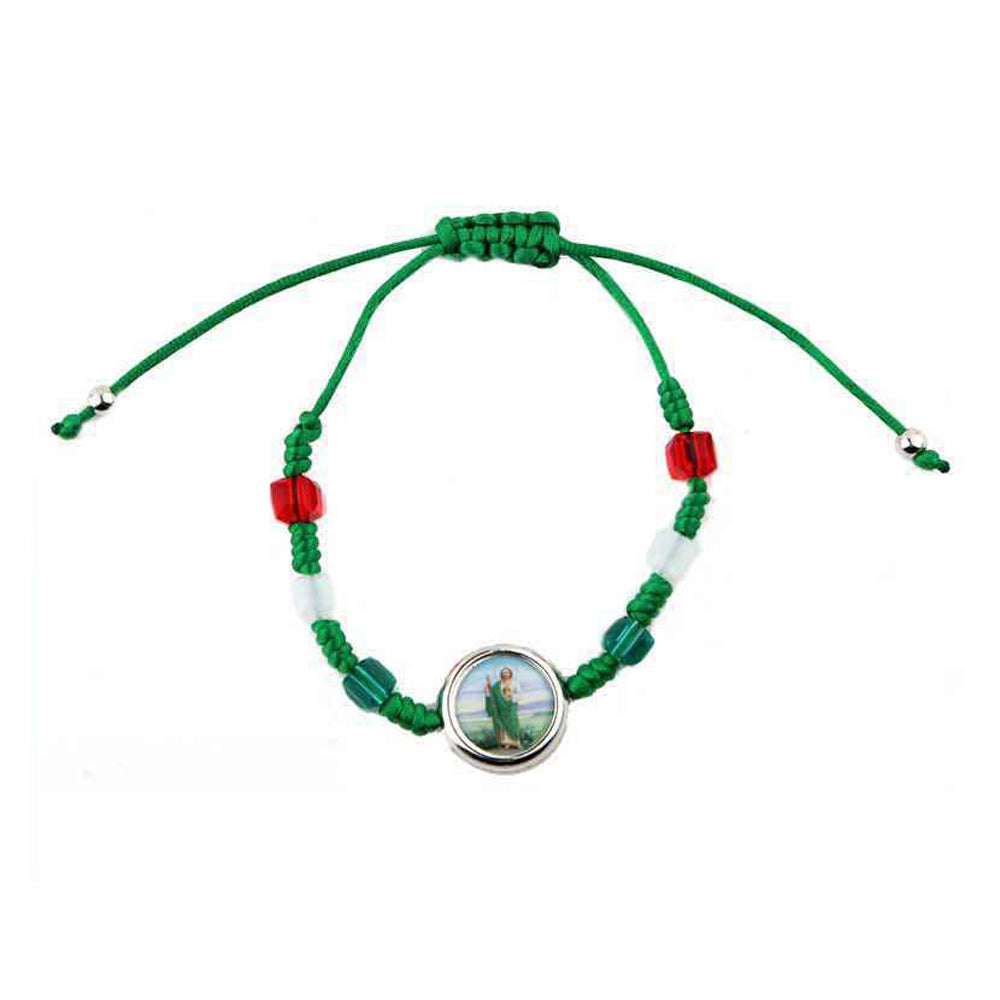 San Judas Tadeo Protection Bracelet | Green, White & Red Macrame Cord