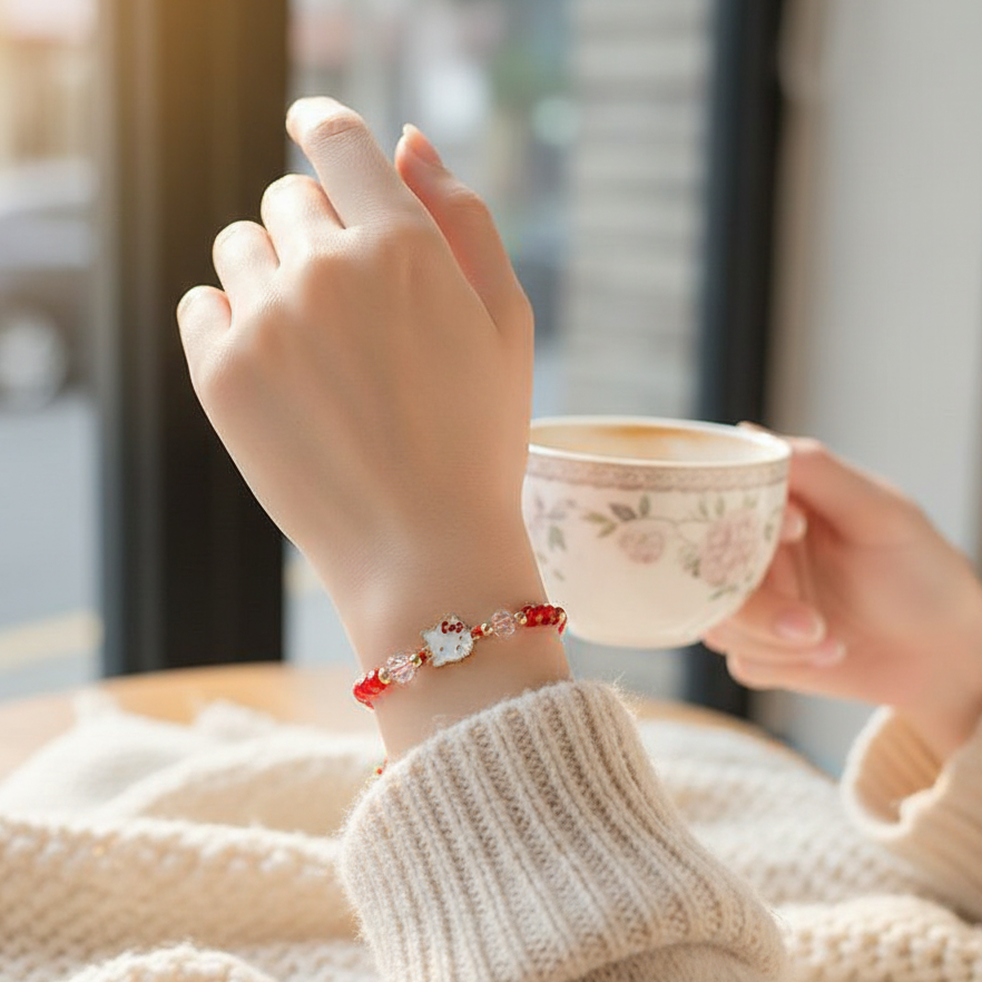 Cute Cat Charm Beaded Bracelets – Adjustable Red String Friendship Jewelry (DBE-2688)