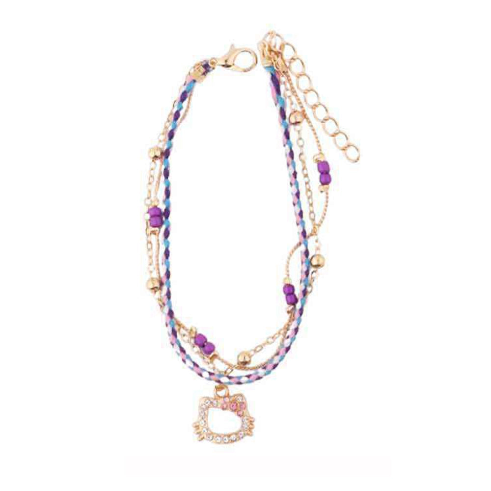Kawaii Crystal Cat Charm Bracelet – Multi-Layer Braided Rope & Gold Chain Stack