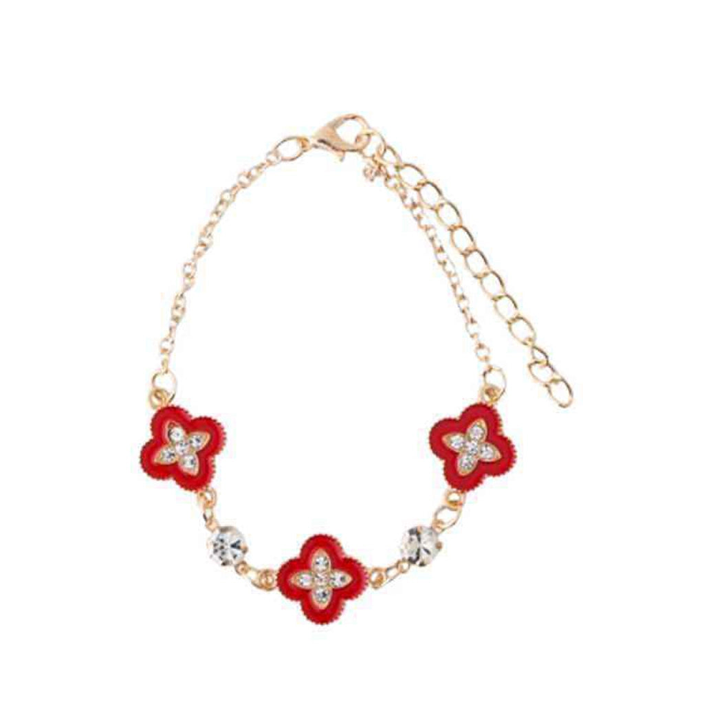 Elegant Red Clover & Crystal Accent Bracelet - Adjustable Gold Tone