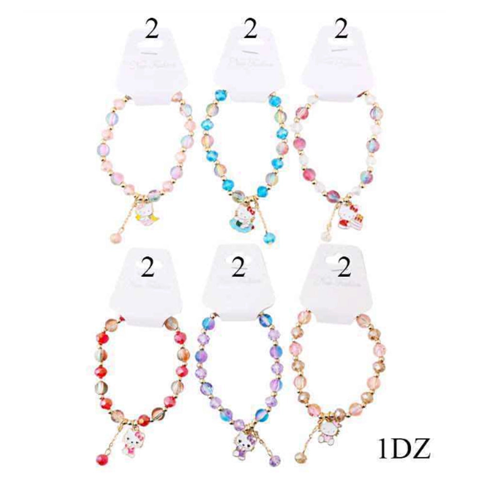 Iridescent Crystal Beaded Cat Charm Bracelets - 12pc (DBE-2778)