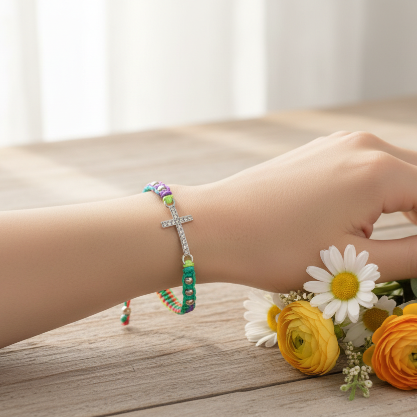 Adjustable Braided Cross Bracelets – Crystal Rhinestone Sideways Cross Charm Friendship Bracelets, Religious Christian Jewelry (DBE-2791)