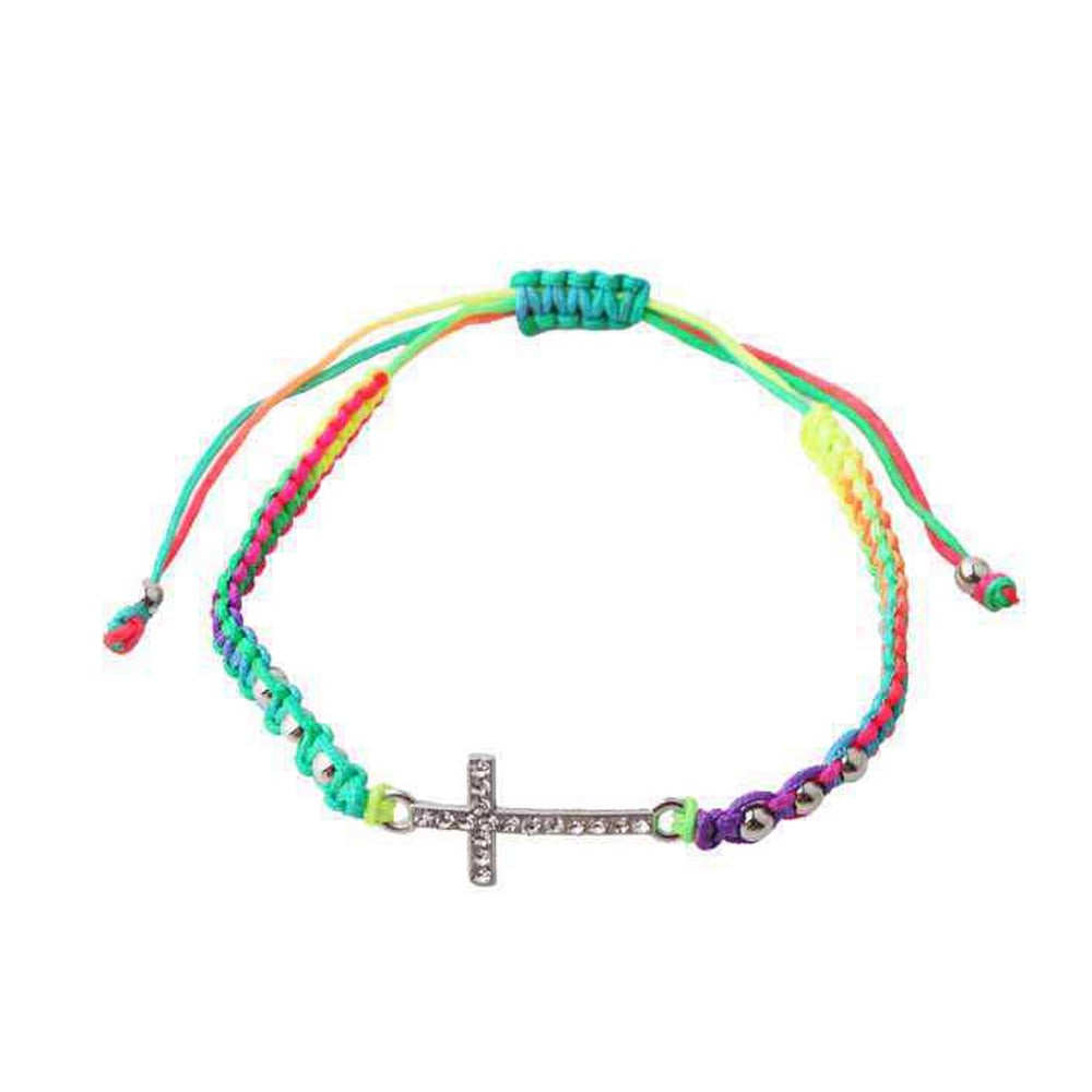 Adjustable Braided Cross Bracelets – Crystal Rhinestone Sideways Cross Charm Friendship Bracelets, Religious Christian Jewelry (DBE-2791)