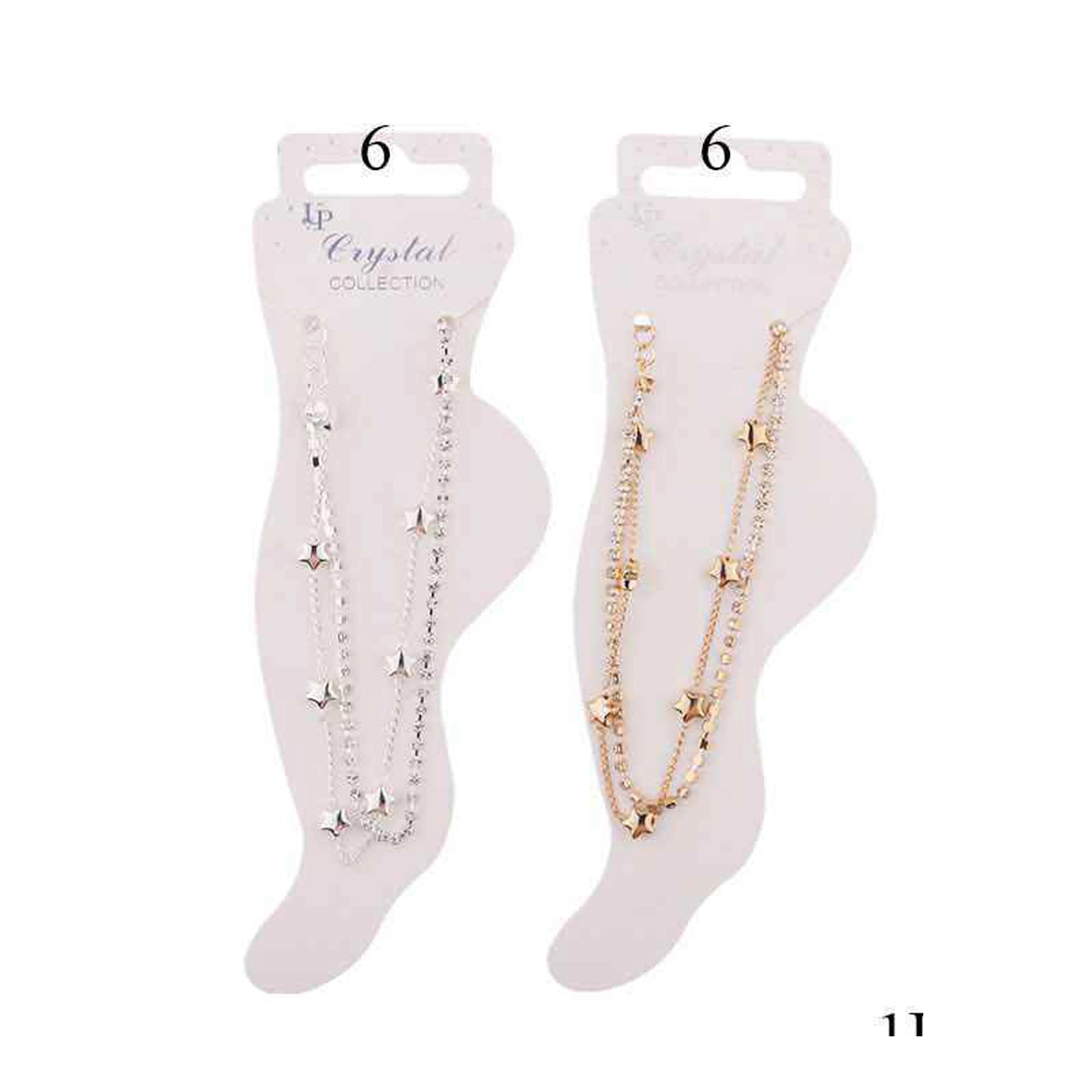 Double Layer Star & Crystal Anklet Set (12pcs) | Gold & Silver Tone Layered Ankle Bracelets (DBE-2806)