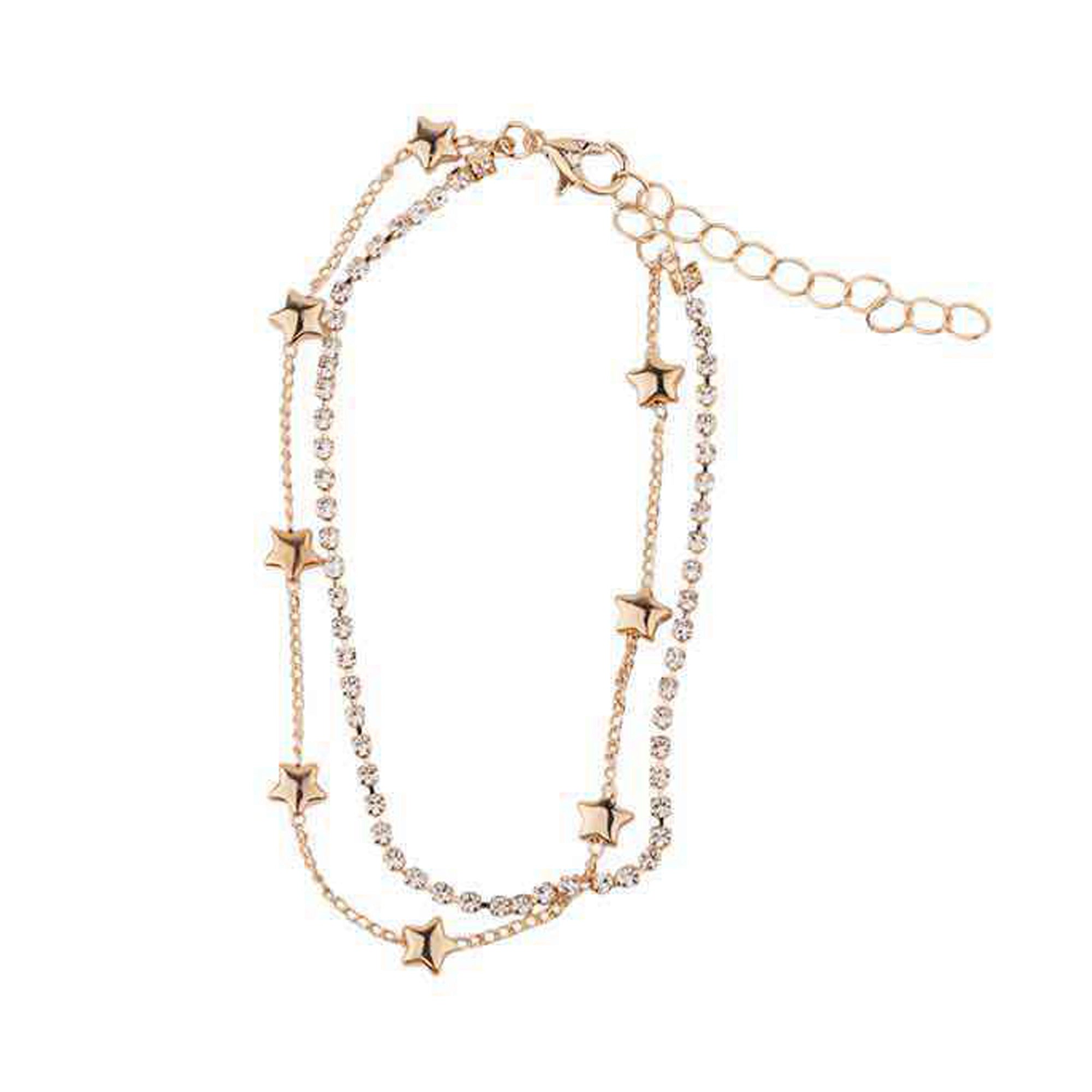 Double Layer Star & Crystal Anklet Set (12pcs) | Gold & Silver Tone Layered Ankle Bracelets (DBE-2806)