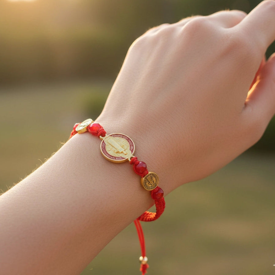 Hand-Woven Saint Benedict Red Protection Bracelet - Adjustable San Benito Medal Jewelry (DBE-2816)