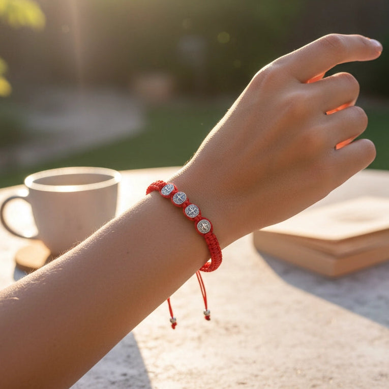 Red String Devotional Bracelet with Catholic Saint Medals