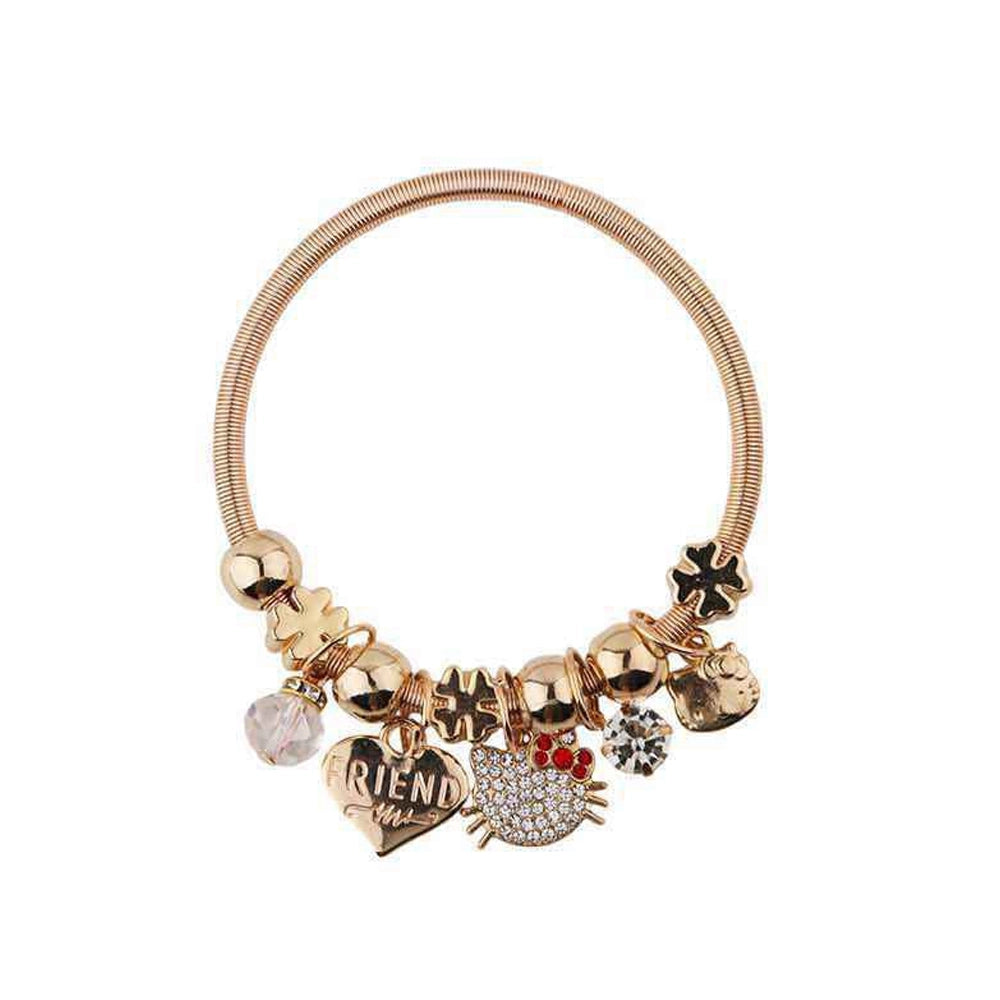 Friendship Coil Bangle Bracelet with Rhinestone Charms | Dual Tone Stacking Jewelry