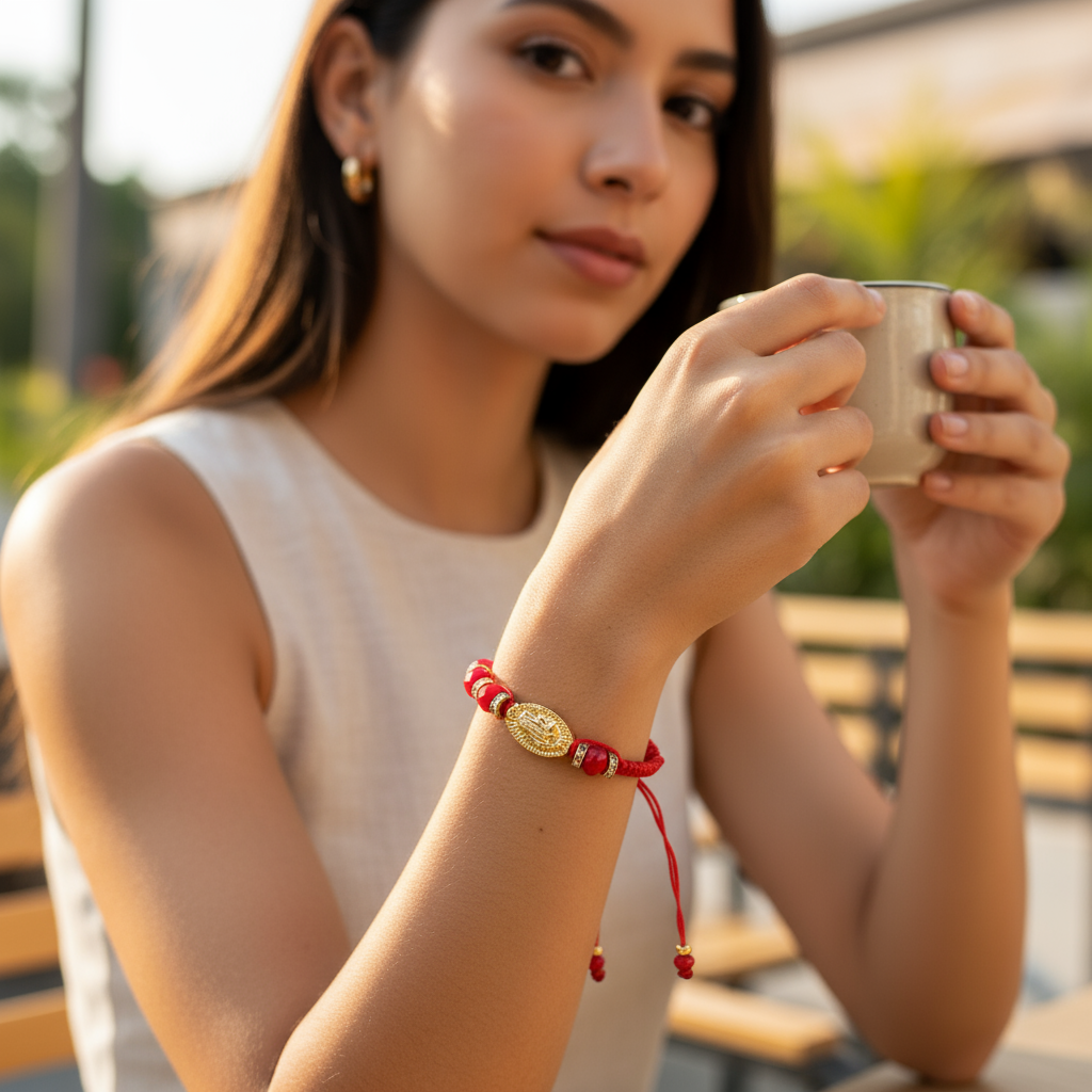 Multi-Charm Virgin of Guadalupe Protection Bracelet | Red & Gold Adjustable Macrame