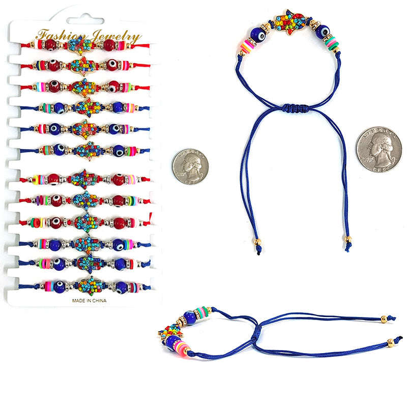 Jeweled Hamsa Hand & Evil Eye Protection Bracelet Set - Adjustable