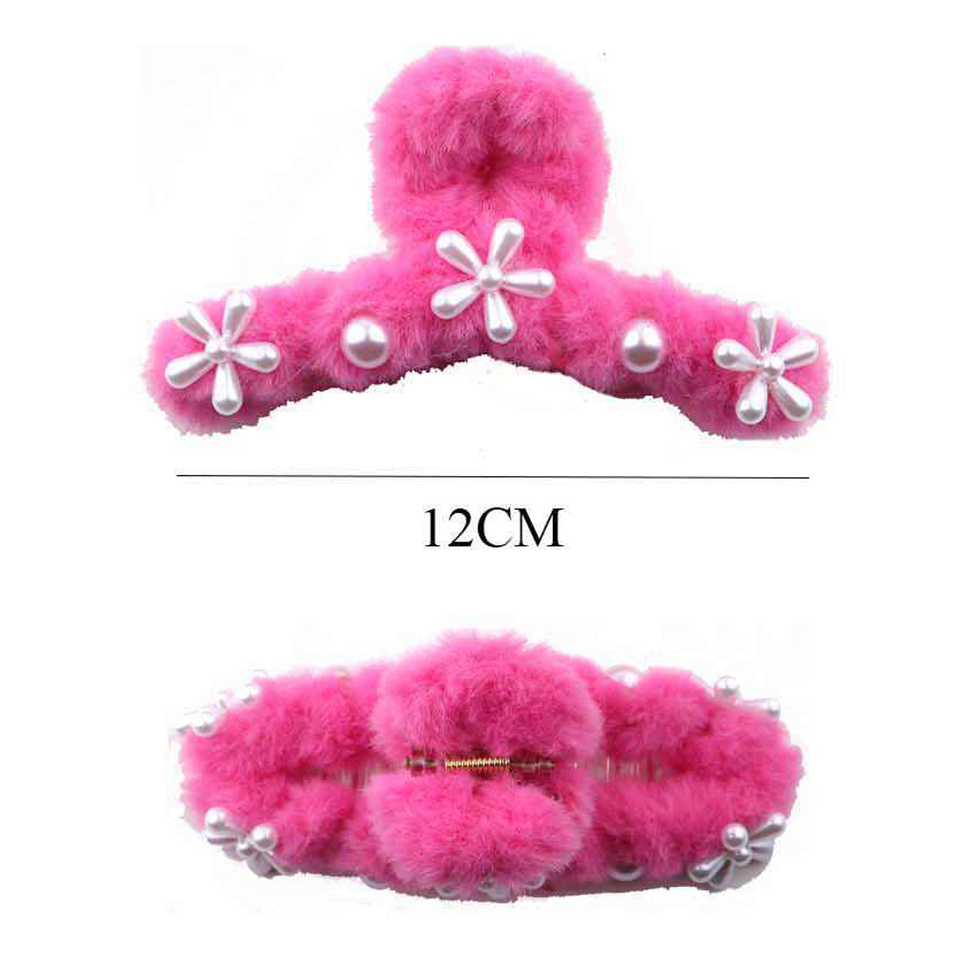Soft Fuzzy Pink Jaw Clip with Flower & Pearl Detail | 12cm Claw