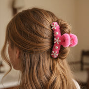 Soft Fuzzy Pink Jaw Clip with Flower & Pearl Detail | 12cm Claw