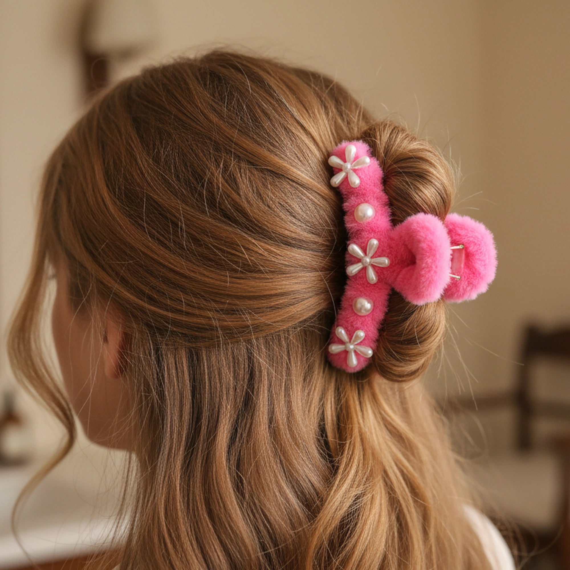 Soft Fuzzy Pink Jaw Clip with Flower & Pearl Detail | 12cm Claw