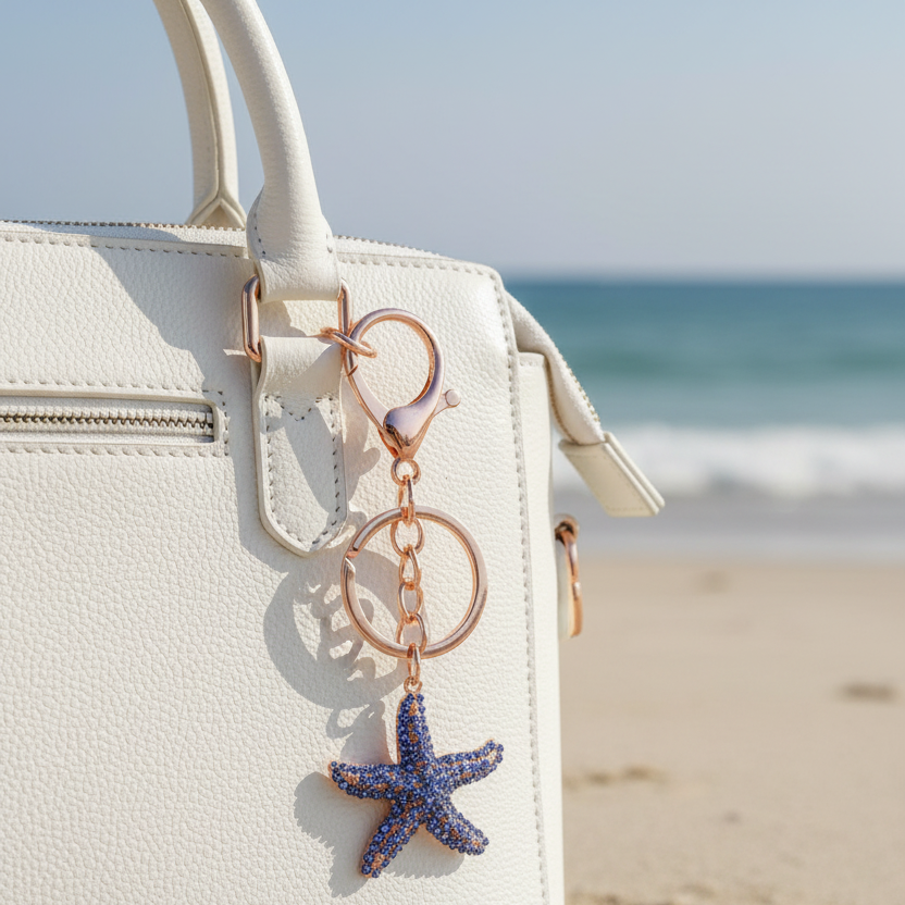 Sparkling Rhinestone Starfish Keychain – Crystal Ocean Beach Keychain & Bag Charm Accessory (13.5cm) (DKC-0395)