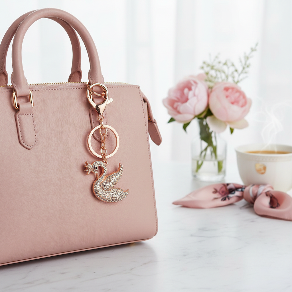 Sparkling Crystal Swan Keychain & Bag Charm – Elegant Rhinestone Key Ring Jewelry Gift for Women (DKC-0397)