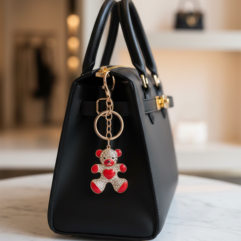 Rhinestone Teddy Bear Keychain & Bag Charm – Sparkling Crystal Animal Keyring with Enamel Heart Accent (14cm) (DKC-0398)