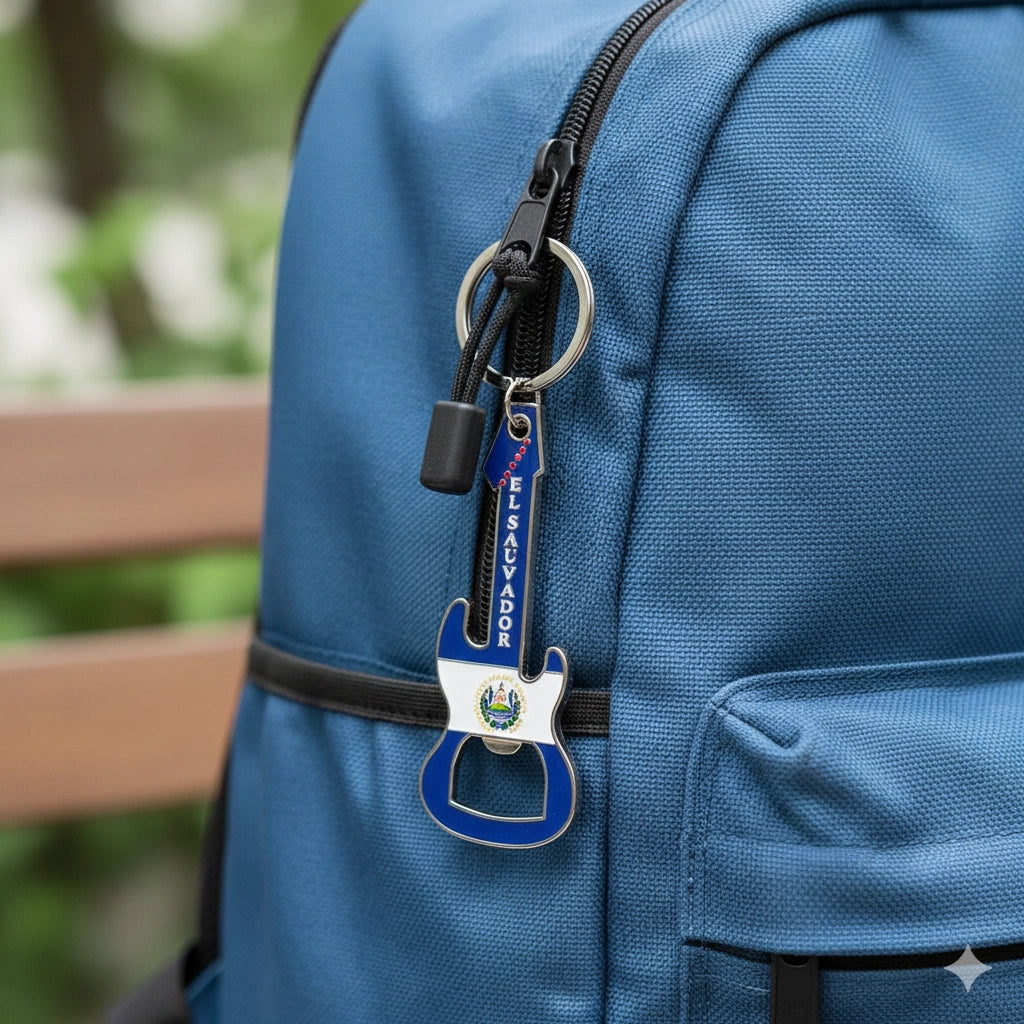 El Salvador Flag Guitar Keychain & Bottle Opener | Salvadoran Souvenir Key Ring