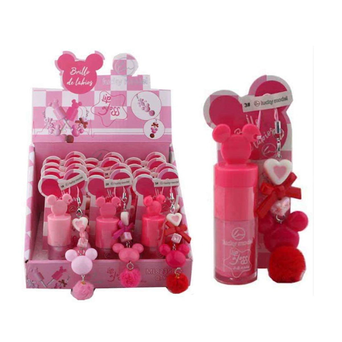 Lucky Model "Brillo de Labios" Mouse-Ear Lip Gloss with Decorative Keychain Charm (DNV-3305