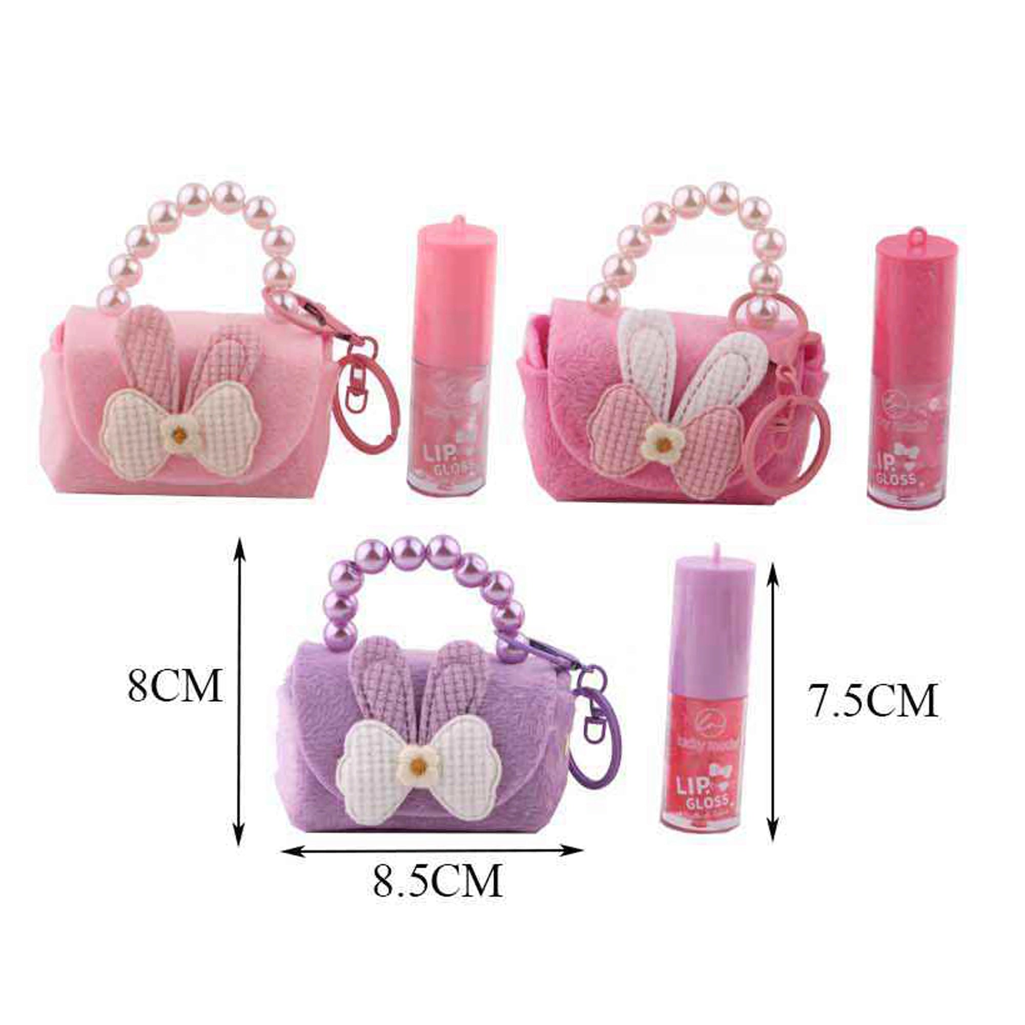 Lip Gloss Set with Mini Bunny Purse Keychain | Waterproof Lip Gloss for Girls, Cute Pearl Handle Toy Handbag Lip Balm Set, Party Favors & Gift Box (DNV-3472)