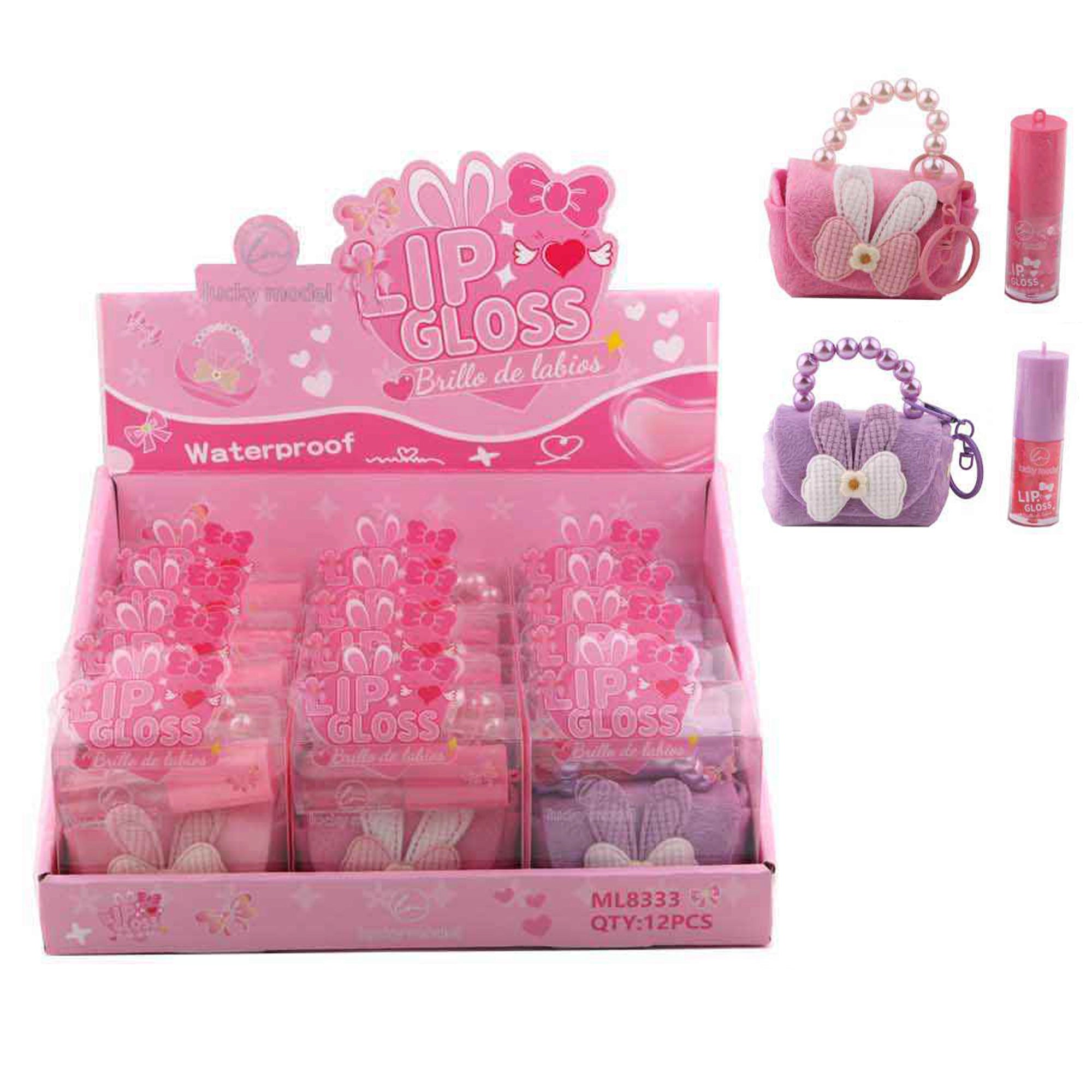 Lip Gloss Set with Mini Bunny Purse Keychain | Waterproof Lip Gloss for Girls, Cute Pearl Handle Toy Handbag Lip Balm Set, Party Favors & Gift Box (DNV-3472)