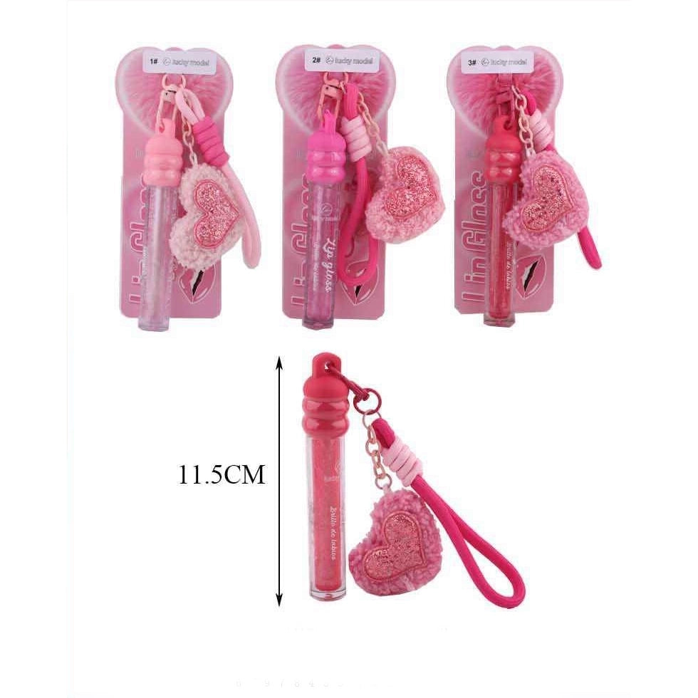 Cute Heart Keychain Lip Gloss Set with Fluffy Plush Charm – Hydrating Glitter Lip Oil & Bag Accessory (DNV-3473)