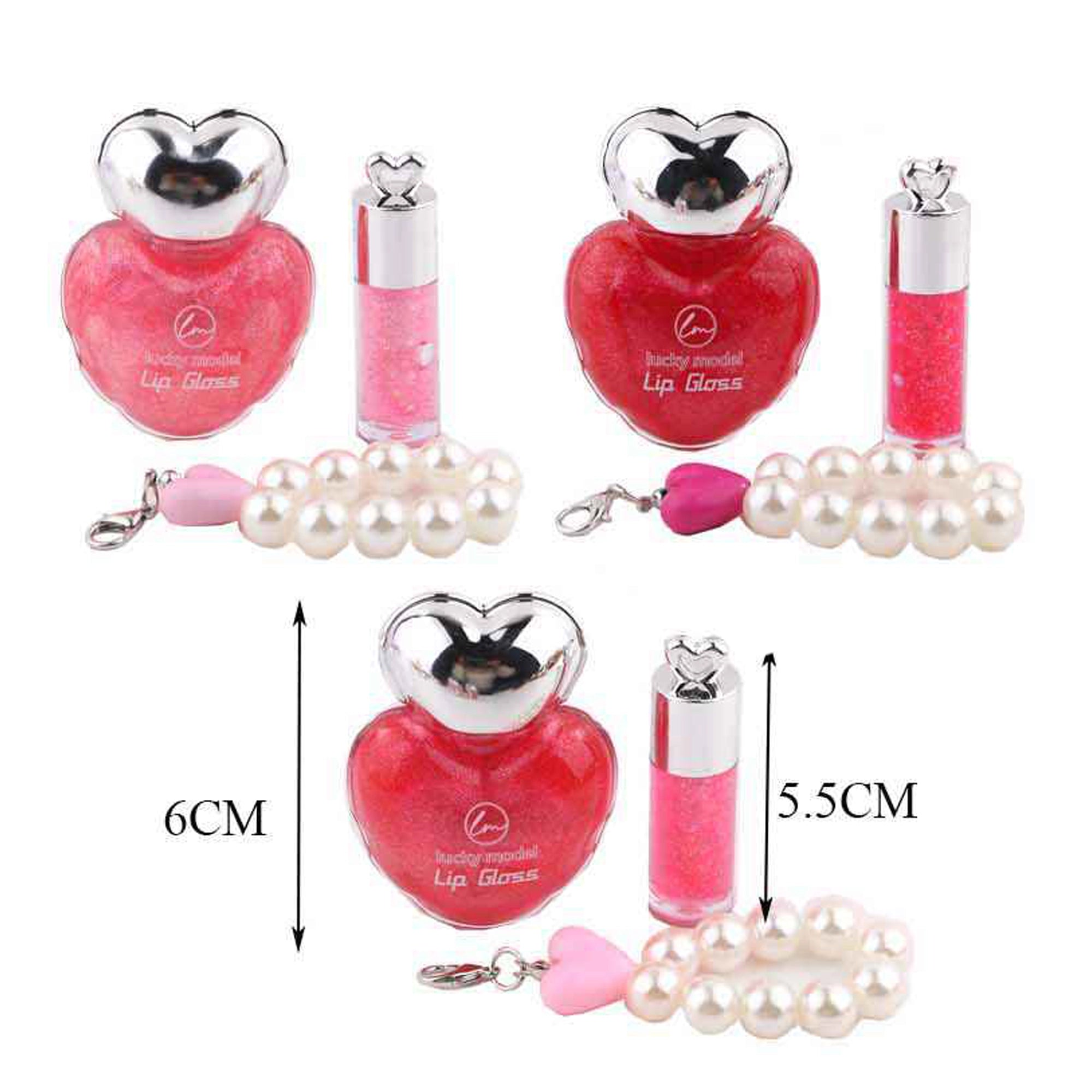 Lucky Model Sweet Girl Kids Lip Gloss & Lip Oil Set – Cute Heart-Shaped Lip Gloss with Mini Hair Clip & Pearl Charm Keychain, 12-Piece Blind Box Display (DNV-3474)