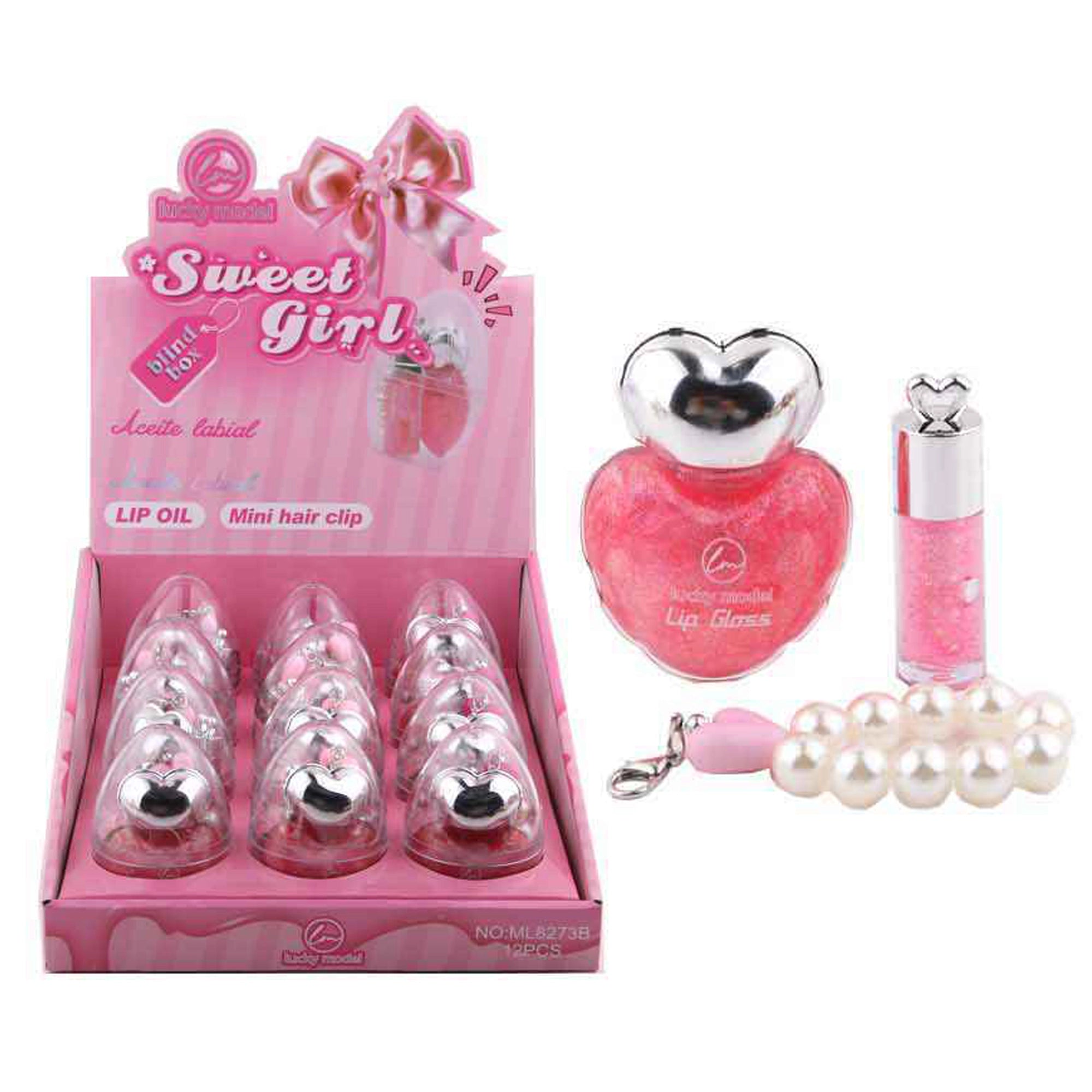 Lucky Model Sweet Girl Kids Lip Gloss & Lip Oil Set – Cute Heart-Shaped Lip Gloss with Mini Hair Clip & Pearl Charm Keychain, 12-Piece Blind Box Display (DNV-3474)