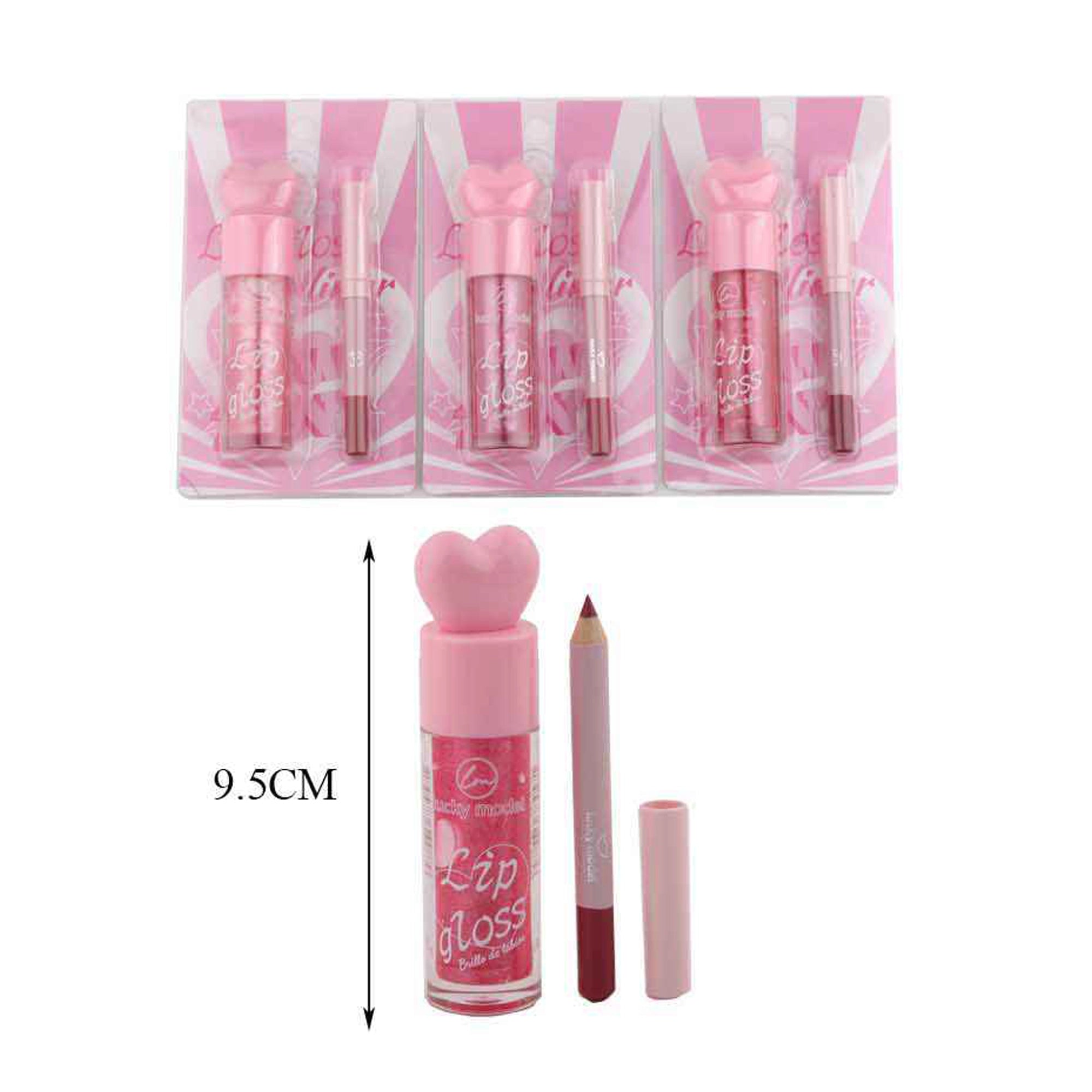 2-in-1 Lip Gloss and Lip Liner Set (12pc Bulk Display Box) – High-Shine Heart-Cap Lip Gloss & Matching Lip Liner Pencil Duo, Pack of 12 (DNV-3476)