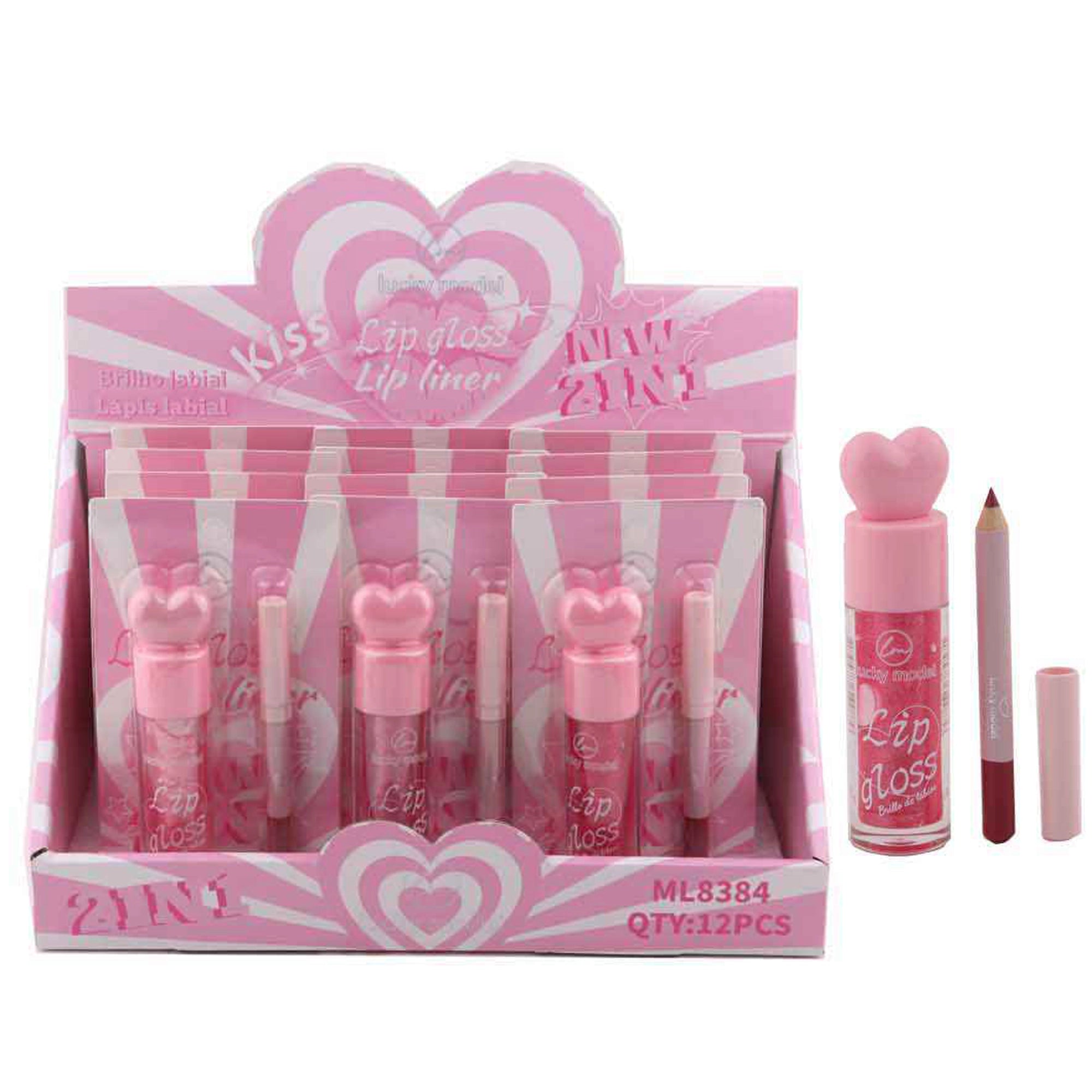 2-in-1 Lip Gloss and Lip Liner Set (12pc Bulk Display Box) – High-Shine Heart-Cap Lip Gloss & Matching Lip Liner Pencil Duo, Pack of 12 (DNV-3476)